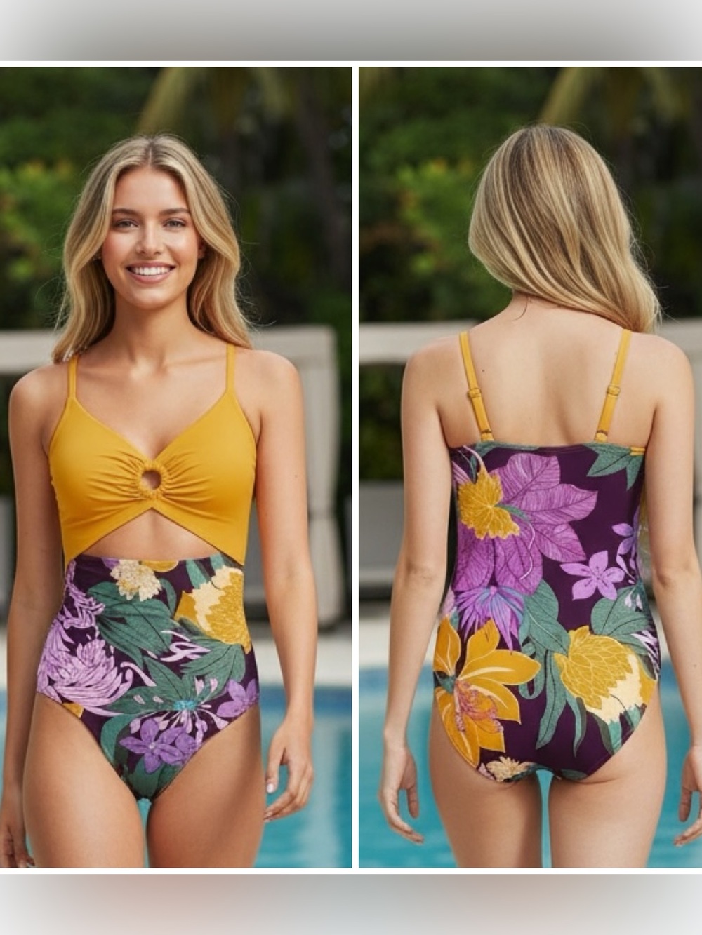 Lands' End O Ring Monokini onepieve mango and Purple Floral - Picture 1 of 6